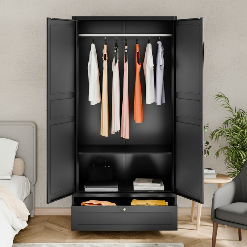 Garde-robe en acier noir avec portes doubles, tiroirs, tringles de suspension et tablettes réglables; Convient à divers cas de figure.