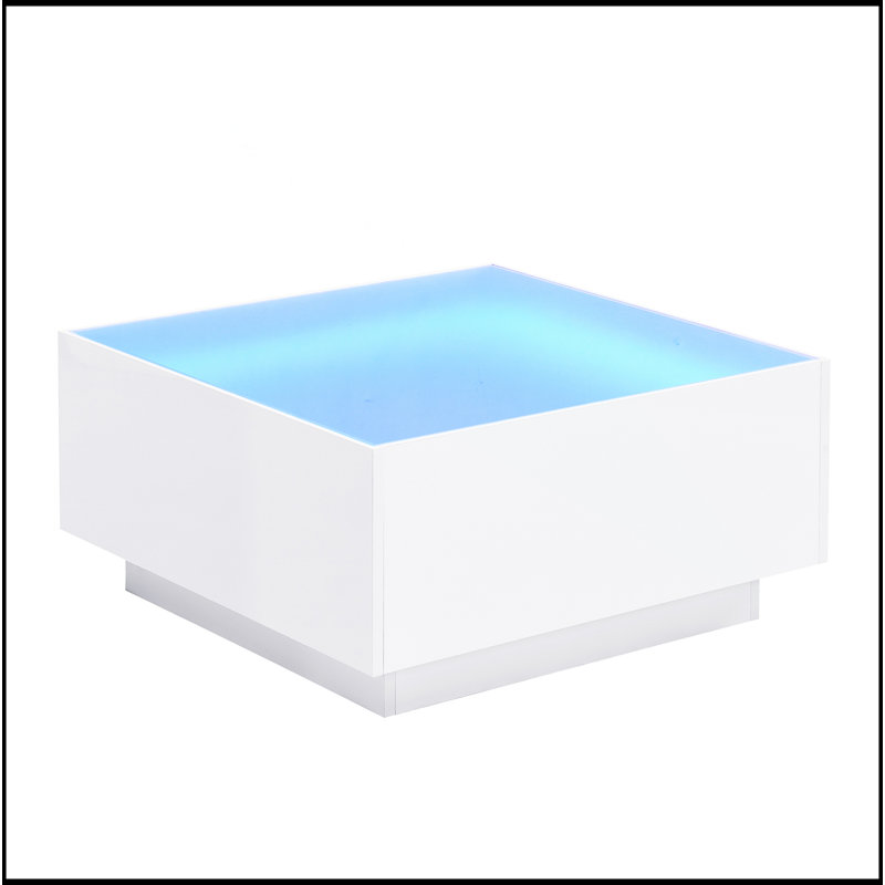 Table basse moderne carrée avec lumières DEL et plateau en verre givré, Blanc