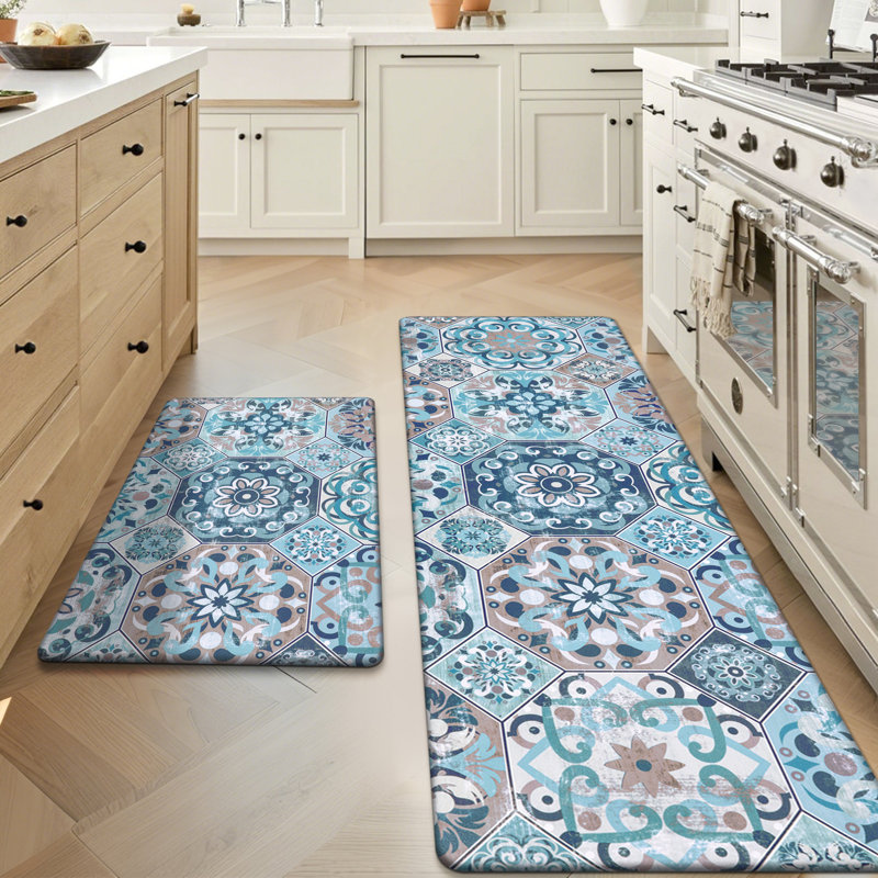 Ensemble de 2 tapis de cuisine Alishia, Bleu / bleu sarcelle, Tapis de couloir 20 po x 31,5 po + 20 po x 59 po