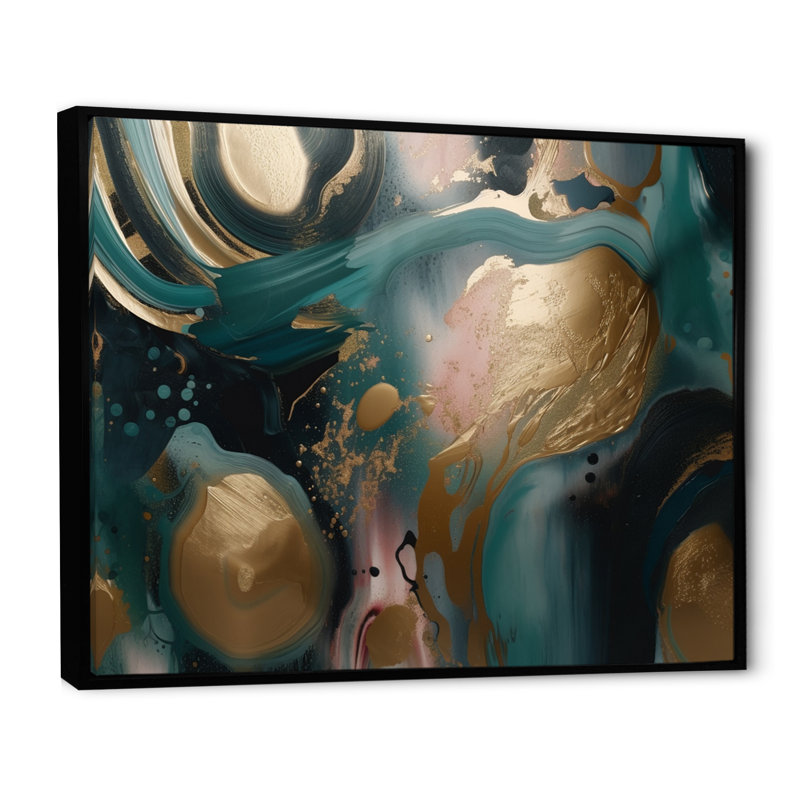 Or et vert marbré Euphoria I - impression sur toile de marbre abstrait, Cadre flottant noir, H 34 po x l 44 po x P 1,5 po