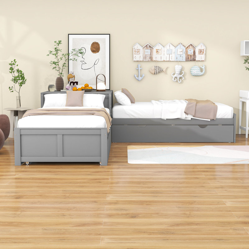 Kids Twin with Trundle with Drawers, Gray