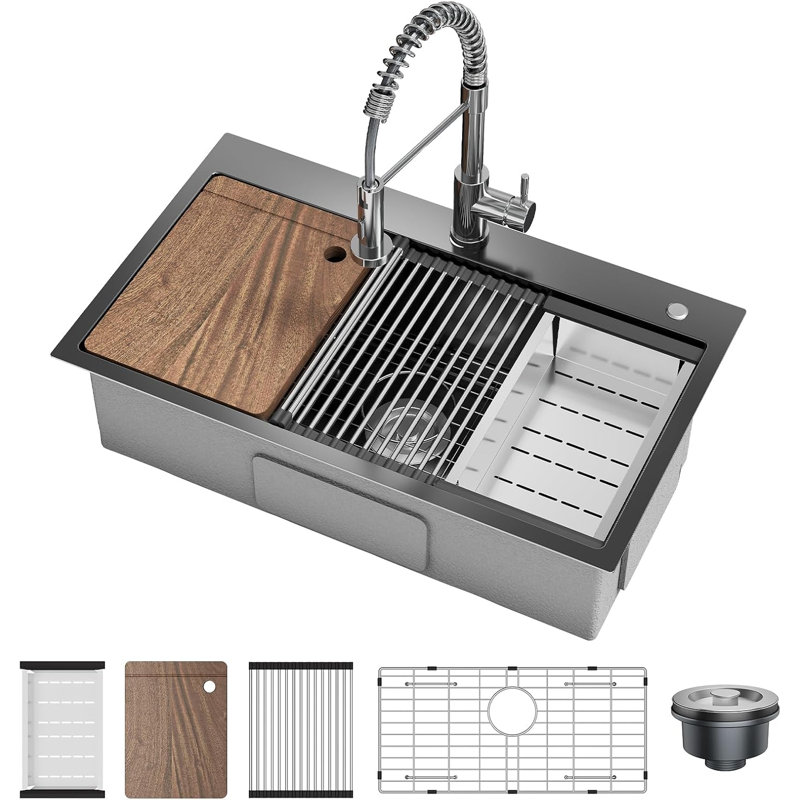 Drop in Kitchen Sink with Pull Down Spring Faucet, 30x18x9 Inch Stainless Steel Single Bowl Workstation Sink with Accessories for Kitchen(Black)