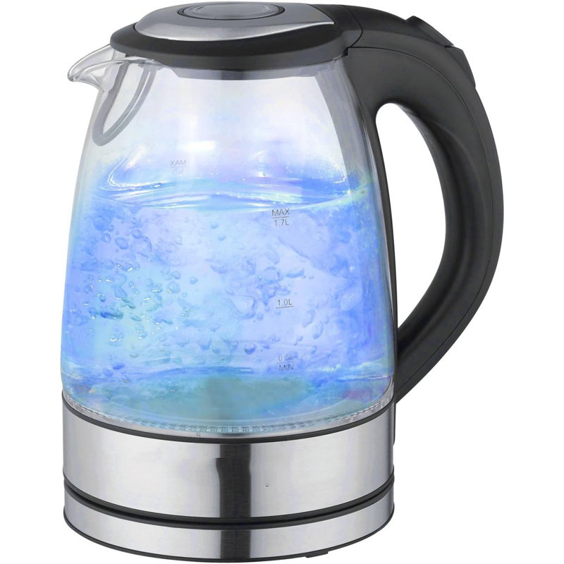 Bouilloire électrique en verre de 1,7 l avec acier inoxydable, bouilloire sans fil à ébullition rapide, arrêt automatique, lumière DEL, sans BPA
