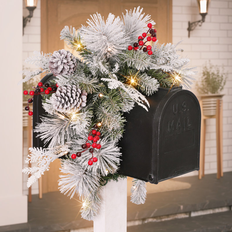 36 In. X 16 In. Pre-Lit Flocked Artificial Pine Mailbox Cover