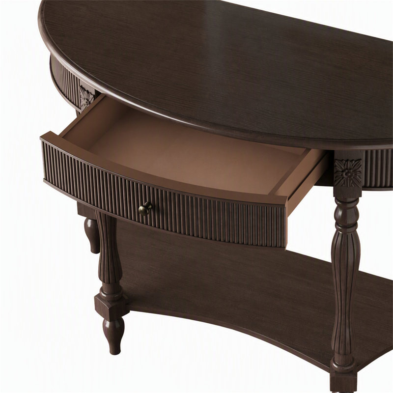 Console demi-lune en bois massif avec tiroir et tablette, Brun rustique profond, Brun rustique profond, Brun rustique profond