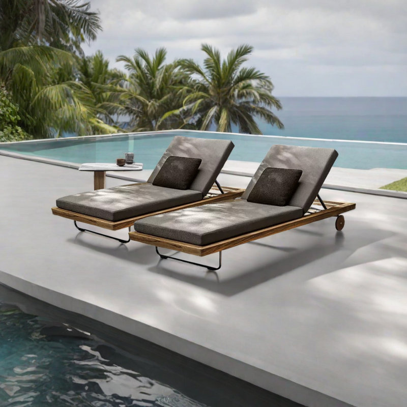 Teak Outdoor Recliner With Metal Frame Outdoor Chaise Lounge Set with Table , Cushion Included