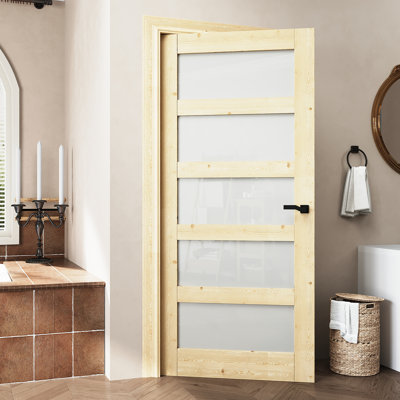 Interior 80H'' Solid Pine Wood Frosted Glass Slab Door 5-Panel Pantry Door French Style Doors