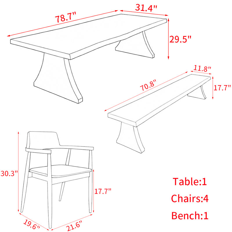 Ensemble de table de salle à manger en bois massif de style américain., H 29,5 po x L 78,7 po x l 31,4 po