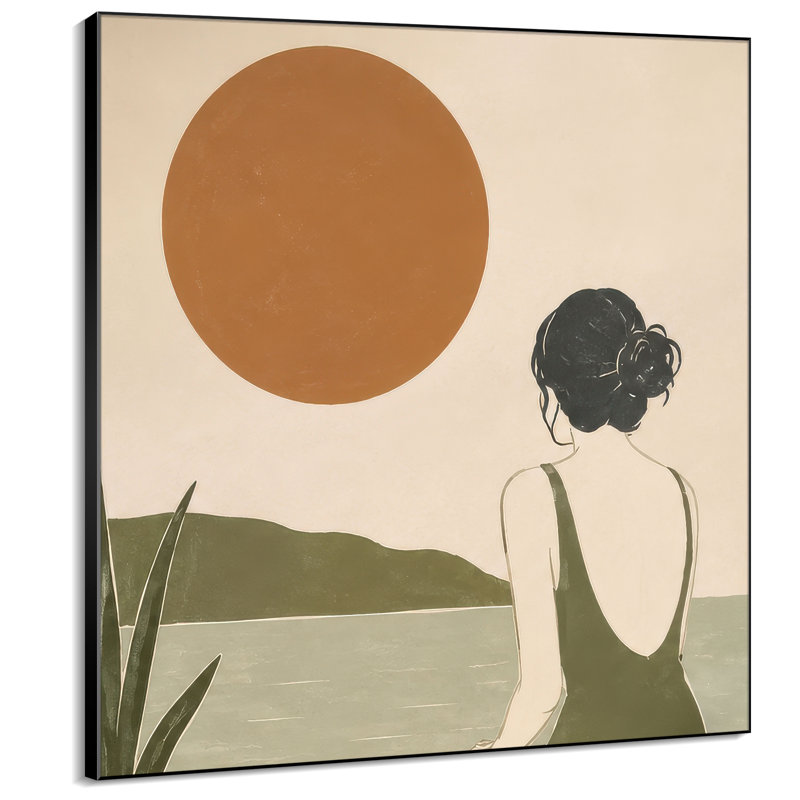 Très grande reproduction d'art sur toile - Femme au bord du lac avec grand soleil orange pour le salon ou la chambre à coucher - «Assemblage requis du cadre (cadre non fini)»