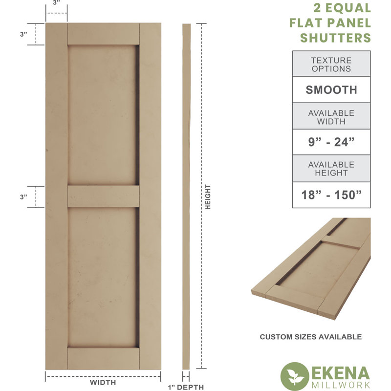Rustic Two Equal Panel Flat Panel Faux Wood Shutters (Per Pair), Smooth Texture/Primed Tan, 15", 60"