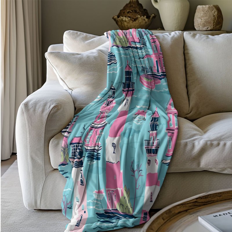 Maritime Beacon Patterns - 1 Piece Premium Sherpa Blanket, 50" W x 60" L, Preppy Maritime Towers