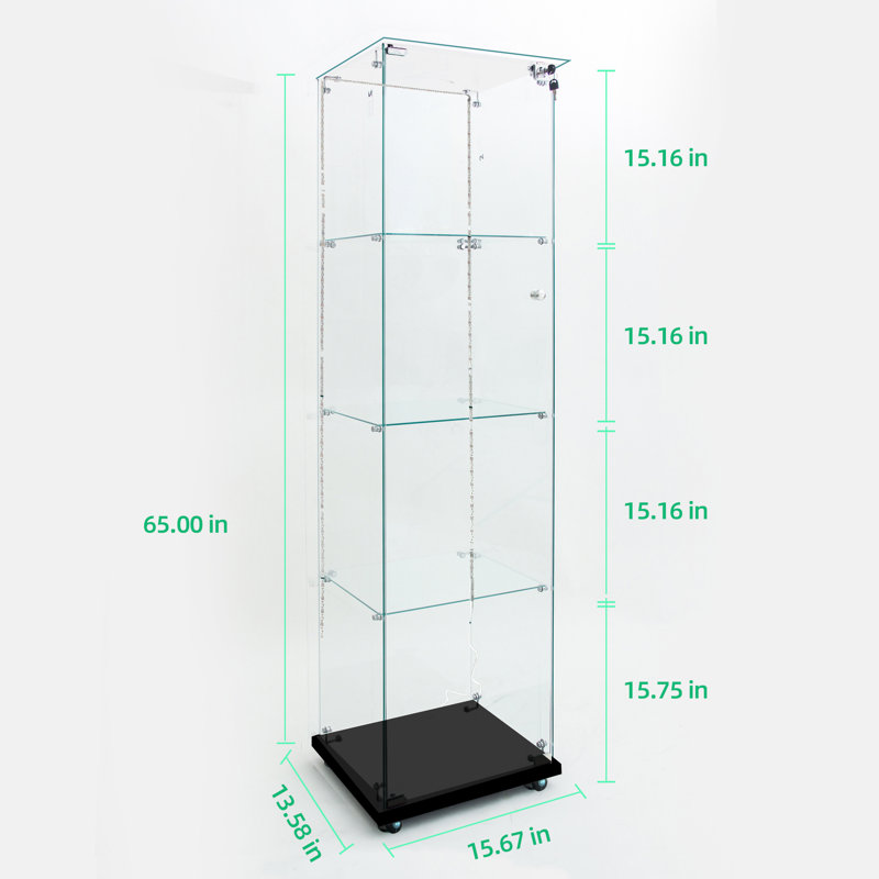 Modern White Tempered Glass Display Cabinet With Bluetooth Led Lights, Smart Motion Sensor, Locking Casters, And Adjustable Shelves