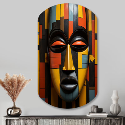 African Tribal Mask Kente II - African Tribal Asymmetrical Metal Wall Art, Global Cylinder Metal Art Print