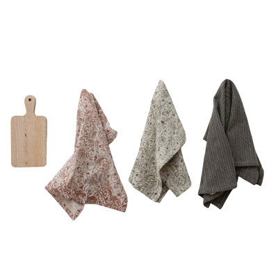 3-Piece Cotton Stonewashed Patterned Tea Towels And Mango Wood Cheese/Serving Board With Handle