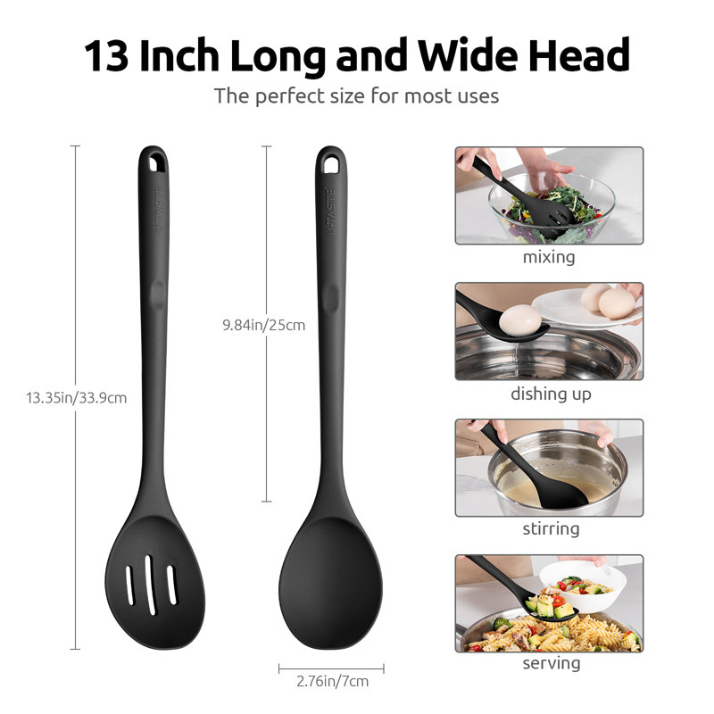 Cuillères en silicone résistantes à la chaleur de 600 ° F: cuillère de cuisine solide et rainurée en U 13,3 po U-Taste, long ustensile en caoutchouc antiadhésif, robuste pour mélanger, servir, remuer, frire, égoutter (noir, 2 pièces)