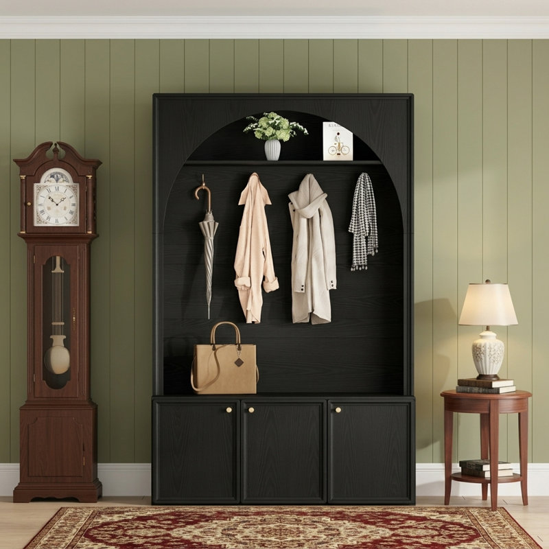 Farmhouse Hall Tree With Bench & Shoe Storage, Black