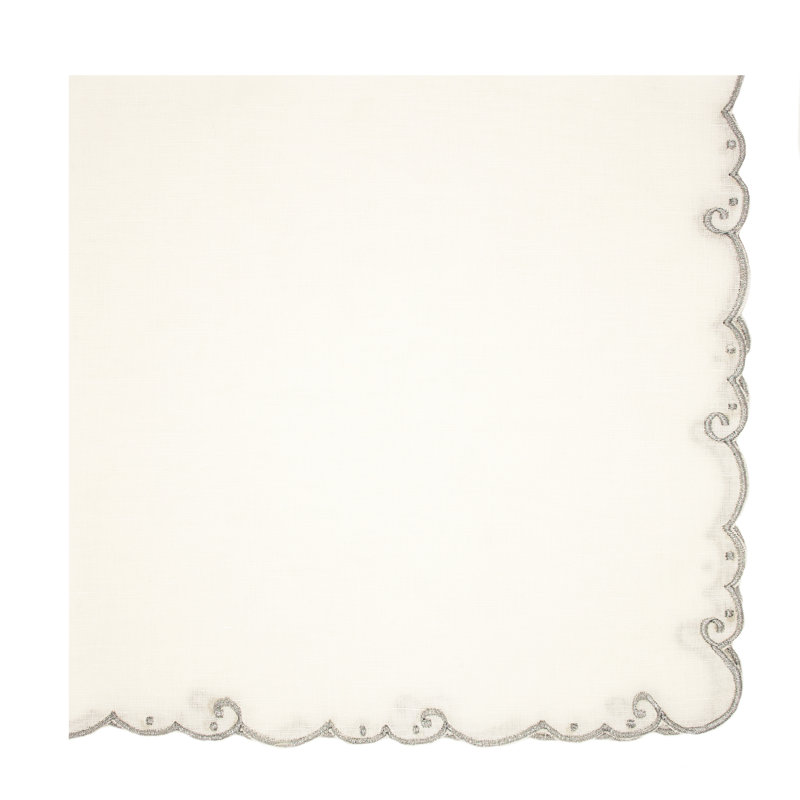 Embroidered Border Linen Napkin, White/Silver
