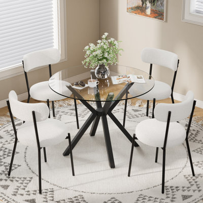 36in Round Glass Dining Table with Rice-Pattern Legs & 2/4 Teddy Fabric Chairs Set, Modern Ensemble for Dining