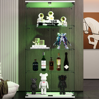 Vitrine blanche en verre avec 4 tablettes et 2 portes - Lumières à DEL pour salon, chambre à coucher, attique 64,7 po * 31,7 po * 14,3 po, cadre noir robuste trempé à deux portes