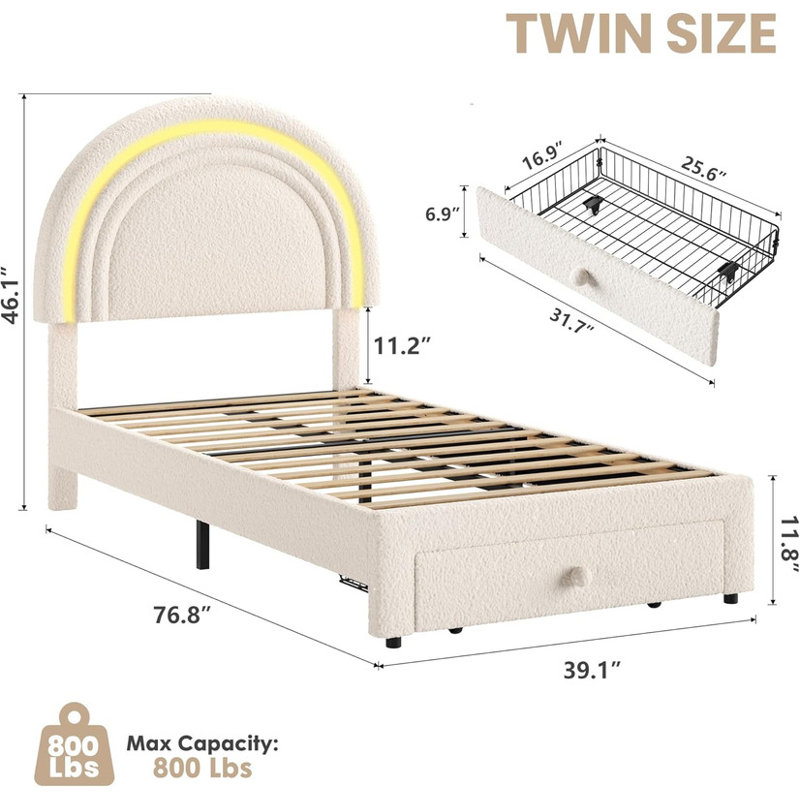 Twin Upholstered LED Bed Frame with Storage Drawer & Rainbow Headboard for Kids, Beige