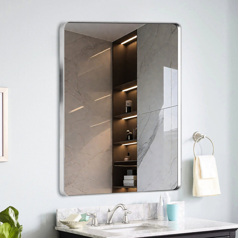 Miroir de salle de bain 30 po x 22 po en nickel brossé avec cadre en aluminium, vue dégagée du verre flottant HD, - Rouille et ensemble sécuritaire avec miroir de protection du cadre, verre assurant la vue, membrane en métal à l'épreuve du métal