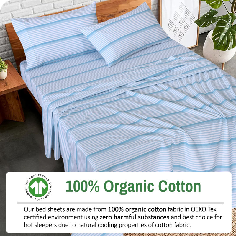 Ensemble de draps 100% coton biologique 4 pièces, Ensemble de draps pour grand lit avec 2 taies d'or, Nautique rayé