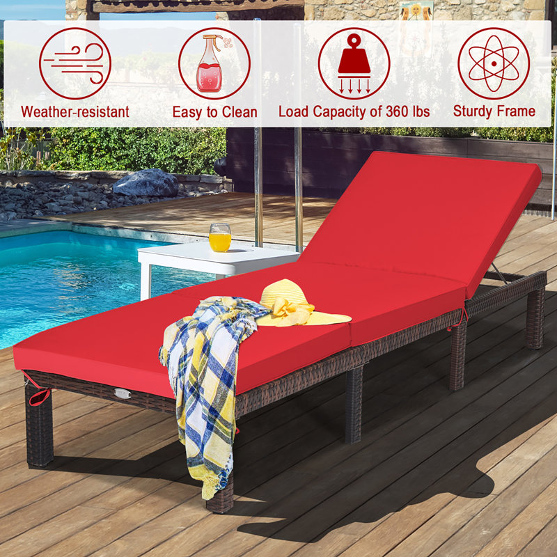 Chaise longue inclinable avec coussin en rotin, Rouge