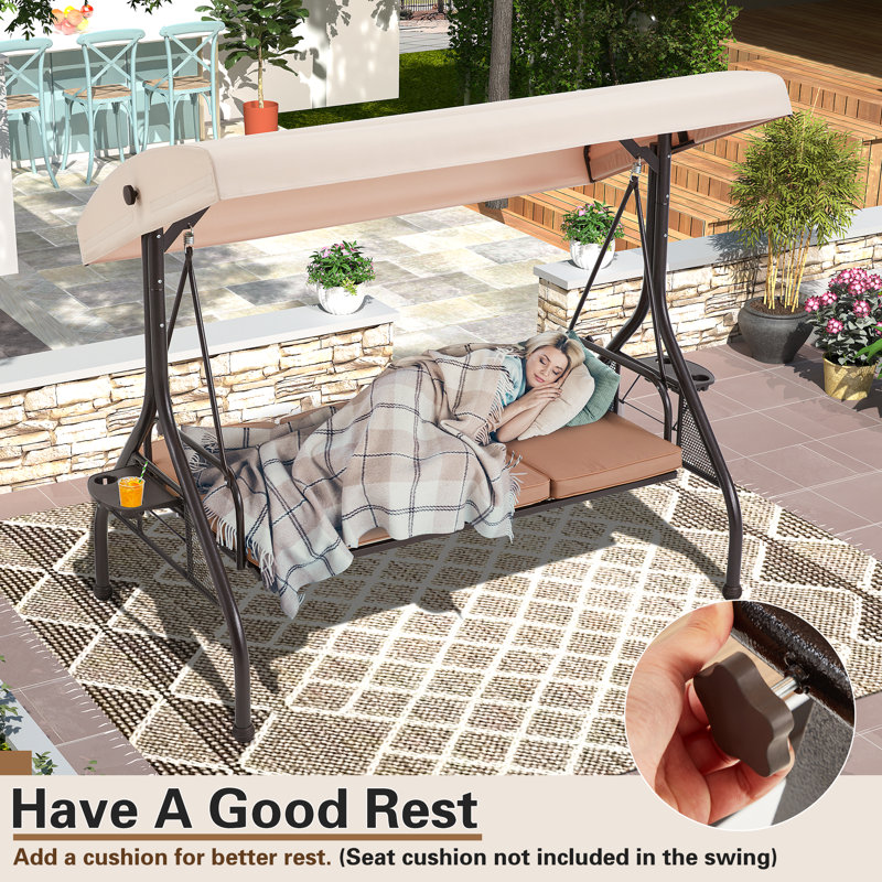 Brown 3-Person Patio Swing with Adjustable Canopy and Cup Holders