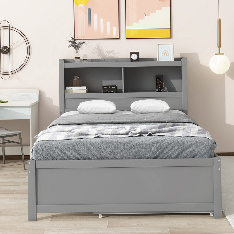 lit plateforme avec lit gigogne, tiroirs et prises USB, Gris