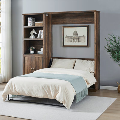 Full Size Half Self-Close And Open Murphy Bed With 1 Side Cabinet Storage Shelf, Cabinet Space-Saving Bed Perfect For Guest Room, Bed Room, Guest Room, Home Office
