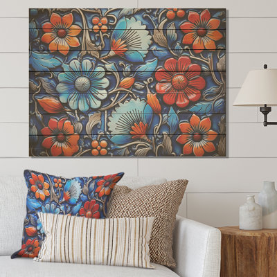Floral bohème bleu et orange mosaïque II - mosaïque bohème sur bois