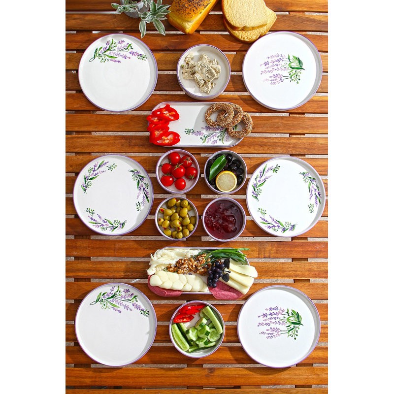 Dilesh Elegant 14-Piece Breakfast Set, 100% Ceramic | Includes 6 Plates (7.5 in), 2 Platters (9.8 x 4.3 x 1.4 in), 6 Bowls (4.1 x 4.1 x 1.4 in, 5.1 fl oz) | Dishwasher & Microwave Safe | Stylish White, Purple & Green Design