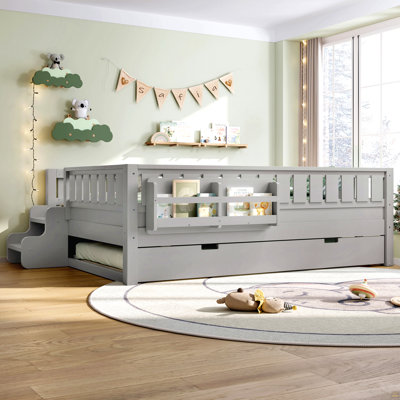 Full with built-in bookshelves and small staircase, high-quality safety rails, and Trundle,Gray