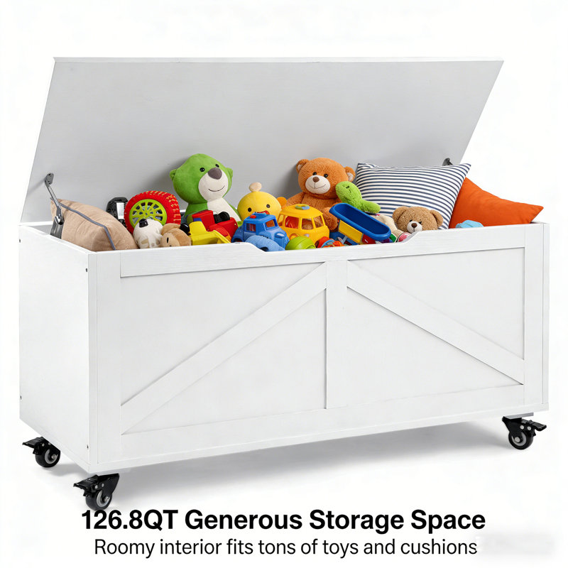  39.4 Inch Storage Chest, End of Bed Trunk, Oversized Wooden Storage Bench with 4 Wheels & Safety Hinges, Multifunctional Shoe Stool Organizer for Entryway Bedroom Living Room,  Space Saving Easy Assembly