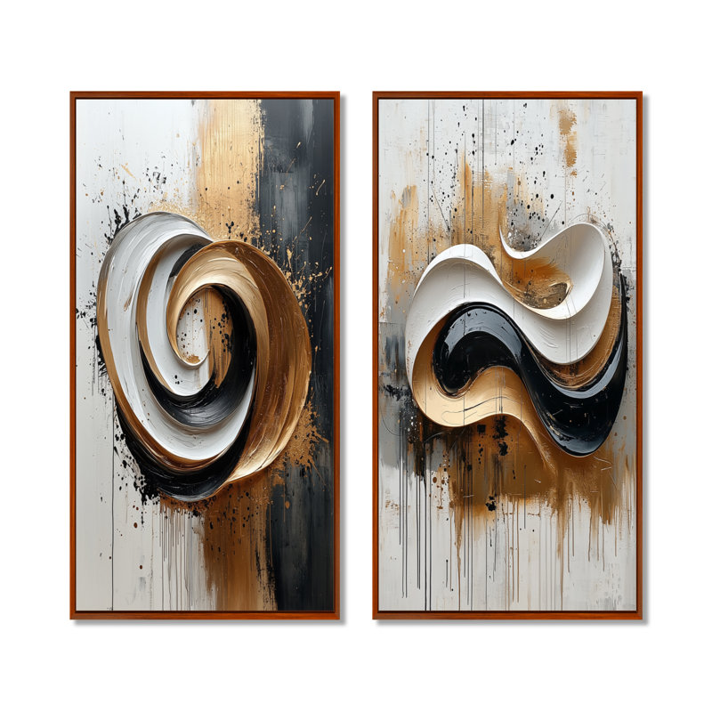 Encre noire et blanche Organic Fusion I - formes abstraites, ensemble de 2 pièces d'art mural, H 28 po x l 24 po