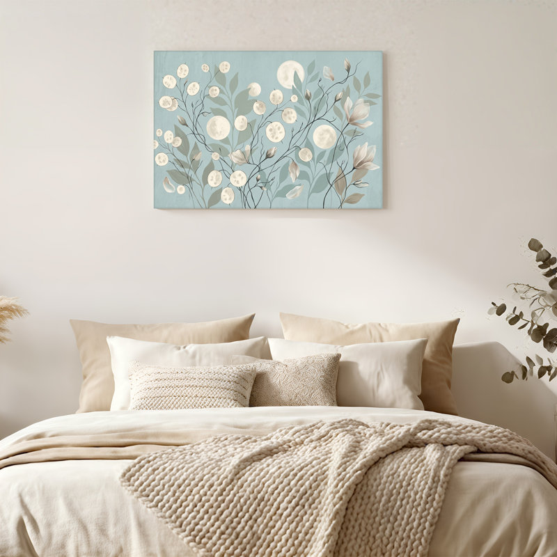 Lune et branches de fleurs de magnolia sur toile bleu clair, H 32 po x l 48 po