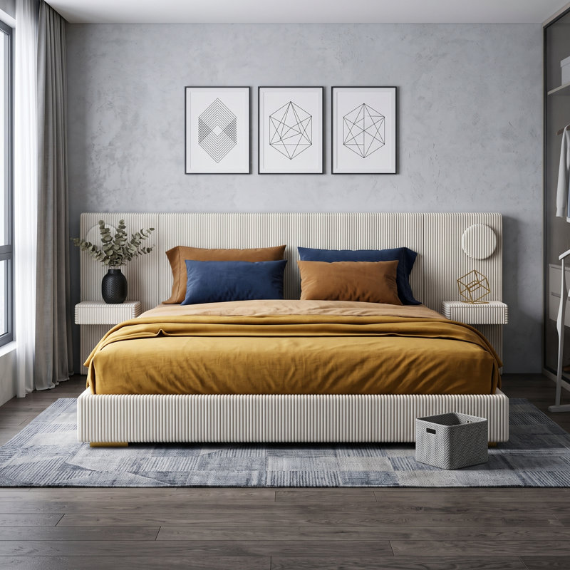 Lit plateforme tapissier avec lumières DEL, ports USB et tiroirs de rangement, King, Beige