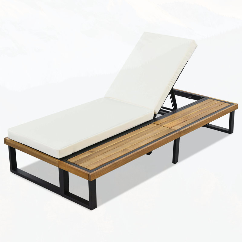 Outdoor Chaise Lounge Chair with 5-Position Adjustable Backrest, Reclining with Cushion, Patio Lounger with Wood Side Table, Sturdy Frame for Poolside, Garden, and Backyard