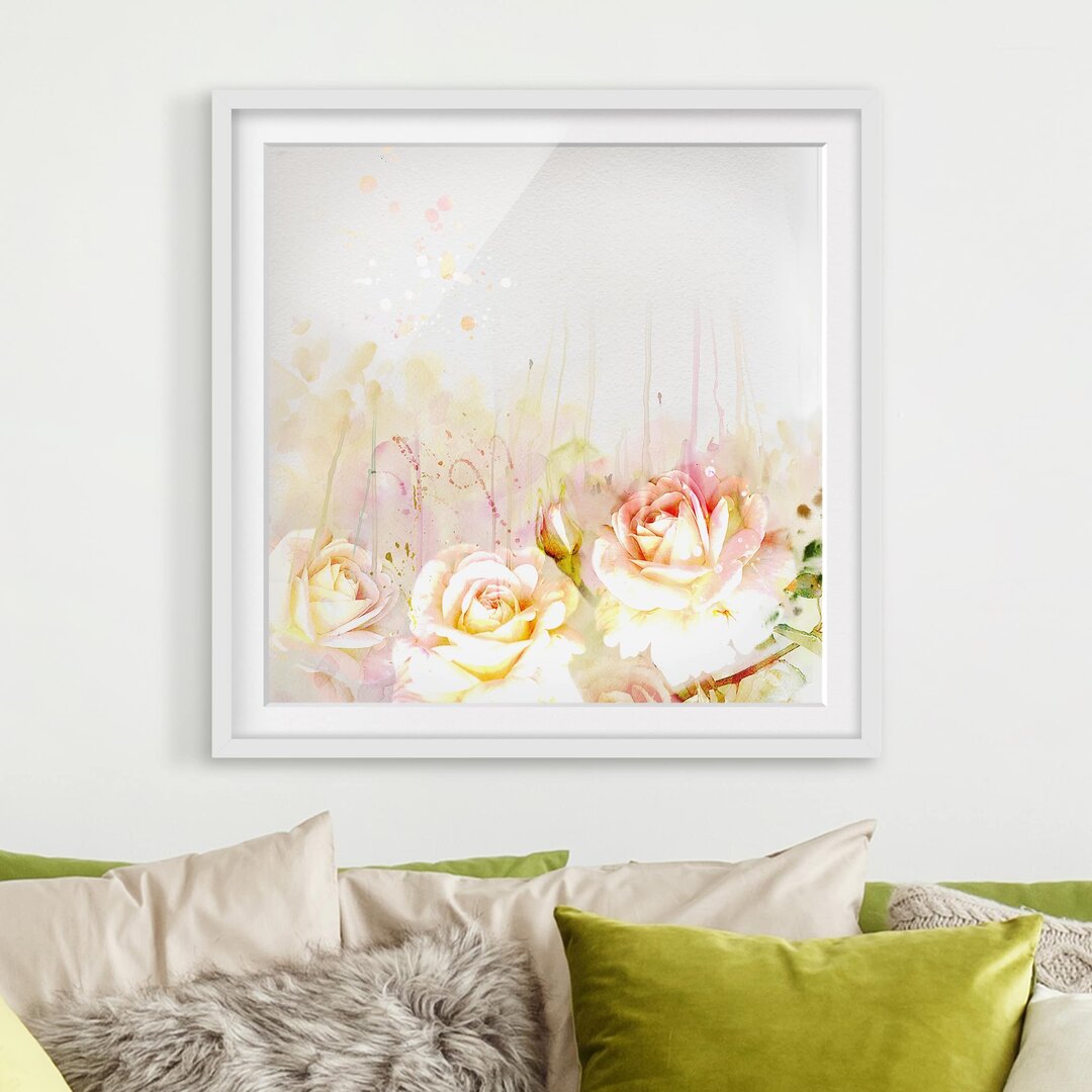 Gerahmtes Wandbild Rose blüht Aquarell