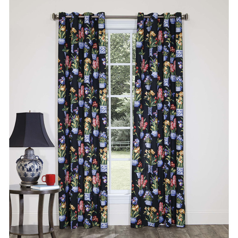 Melanie Black Traditional Cotton Floral Grommet Curtain Panels, 48" W x 85" L