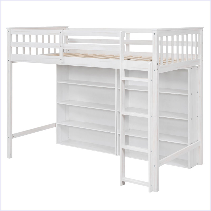 Lit mezzanine avec 8 tablettes de rangement ouvertes et échelle intégrée, Blanc, Lit simple