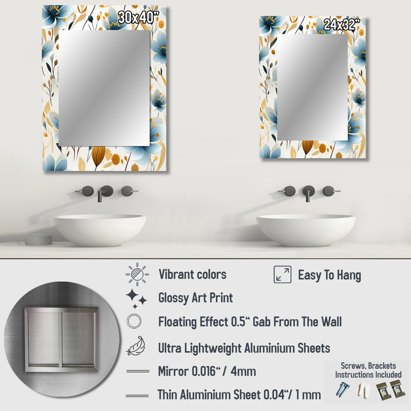 Sherice Meadow Blue And Beige Floral Pattern - Floral Decorative Mirror, Floral Wall Mirror, Printed Metal Art, 32" x 24"