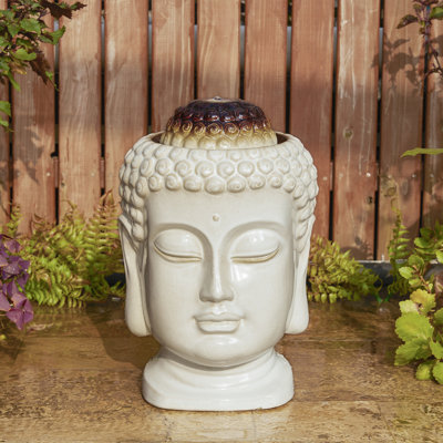 Fontaine d'extérieur avec lumières DEL, fontaine de table / tête de Bouddha de style zen H 18,75 po, céramique texturée beige sable