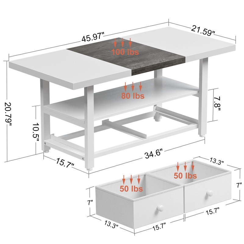 Wynny Farmhouse Wood Coffee Table, Small Cocktail Table with 2 Drawers, Dark Gray/White