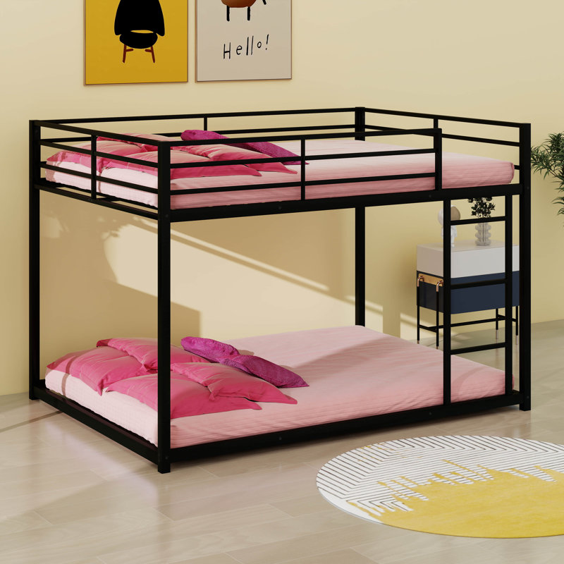 Full Over Full Low Bunk Bed With Ladder And Safety Guard Rails, Black