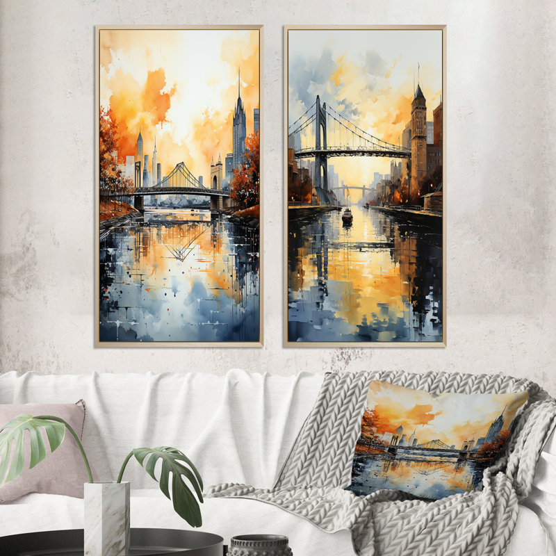 «USA City Of Bridges Architectural View», 2 pièces, Encadrement brun, H 32 po x l 32 po