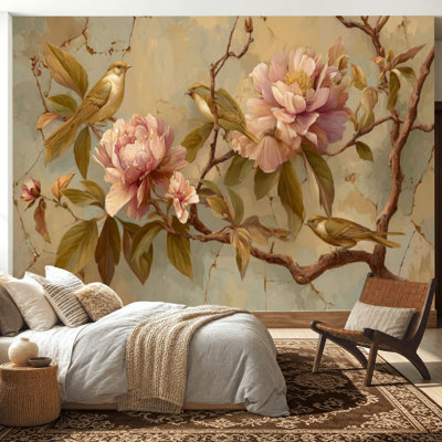 Papier peint adhésif auto-adhésif moderne pour la chambre à coucher avec lilas de pivoine botanique romantique L 100 po x l 144 po