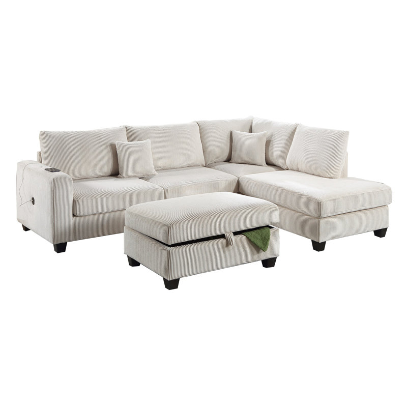 3Pc Sectional Set Corduroy Upholstered LAF Sofa RAF Chaise Ottoman L-Sectional Living Room Furniture, Ivory Corduroy