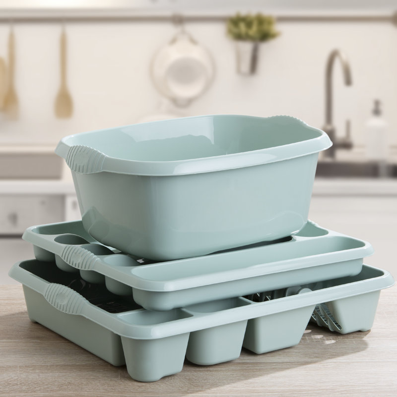 Wham 3 Piece Kitchen Set (38cm Rectangular Bowl, Large Cutlery Tray & Large Dish Drainer), Green