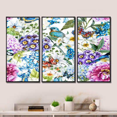 «Vibrant Wild Spring Leaves And Wildflowers», peinture sur toile flottante 3 pièces